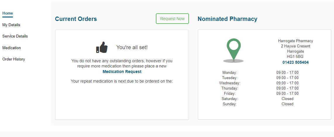 Harrogate Pharmacy Portal Screenshot